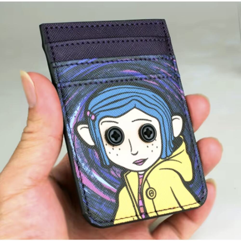 Coraline and The Cat, Black Card Holder, Vegan Leather, Button Eyes - New